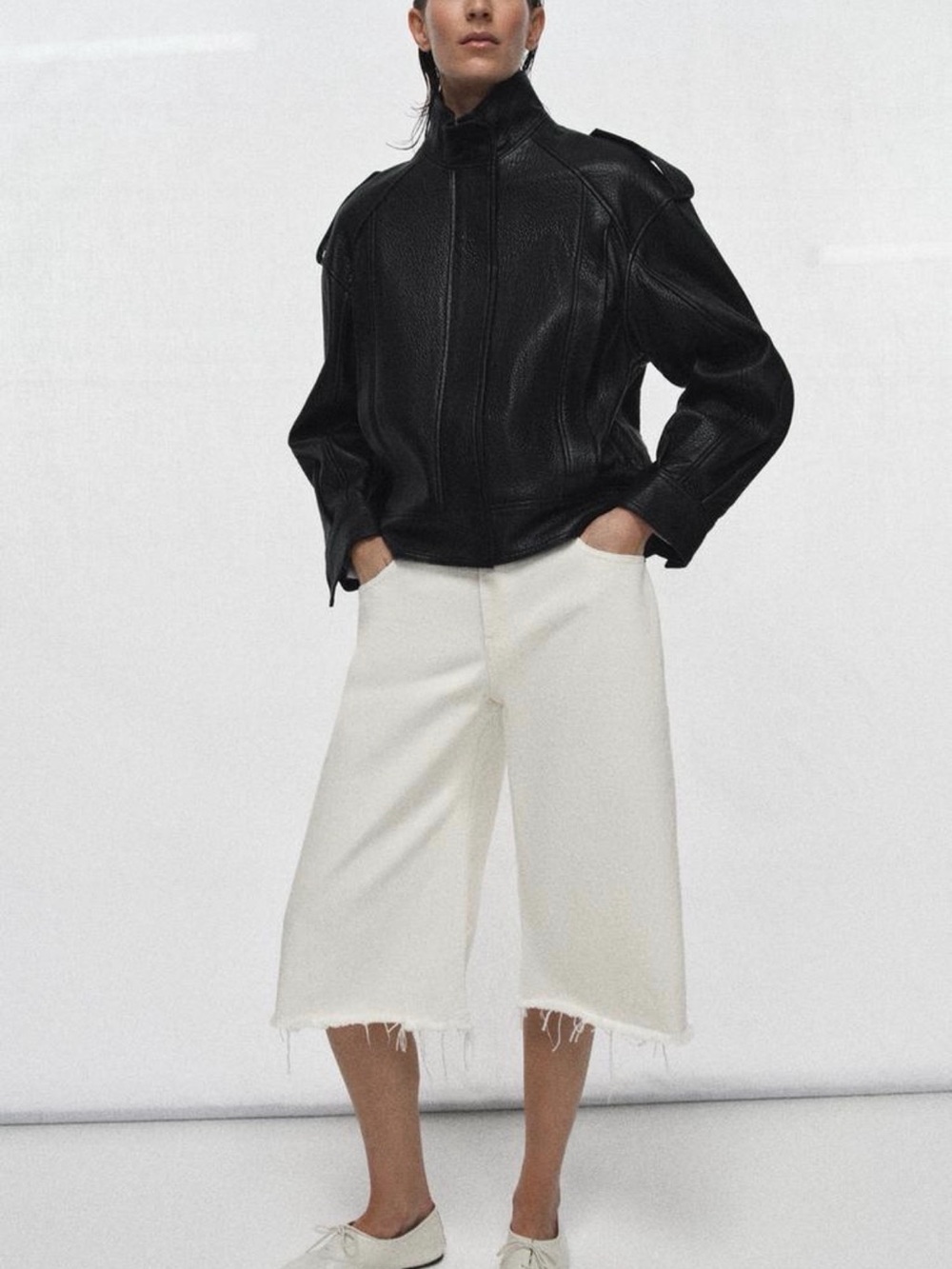 Zara Black Leather Bomber with Epaulette Details